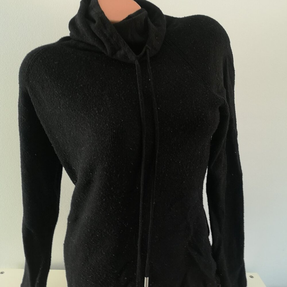 Cowl Neck Drawstring Knit Tunic Sweater Pullover Rayon Black Gray L